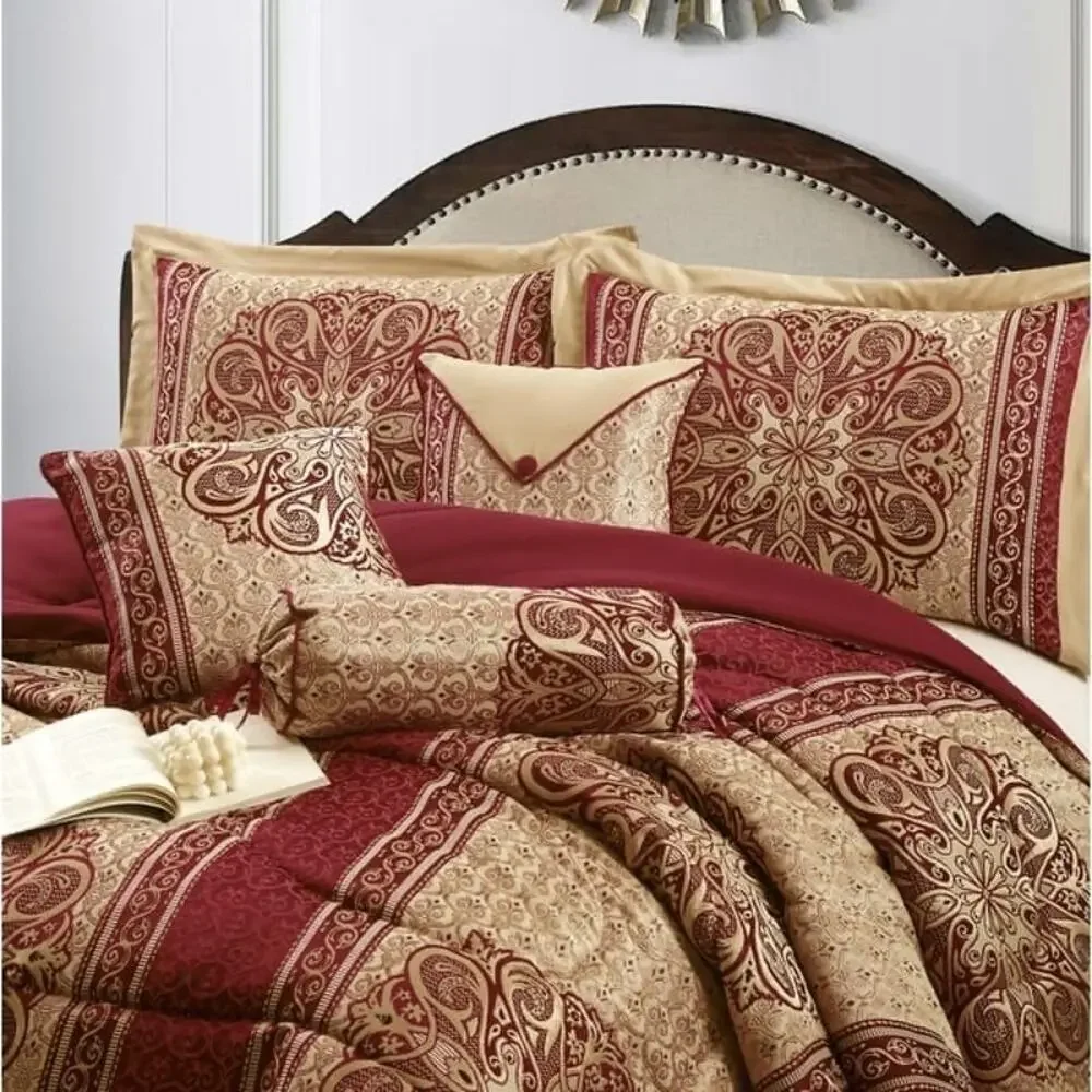 NEW! Nanshing Myhand/Prince 9PC Elegant Medallion Comforter Set Red Gold King